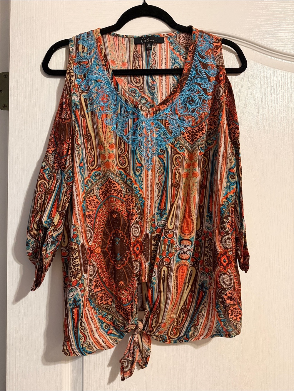 Calessa Multicolor Paisley Tie-Front Cold-Shoulder Top with Turquoise Lace